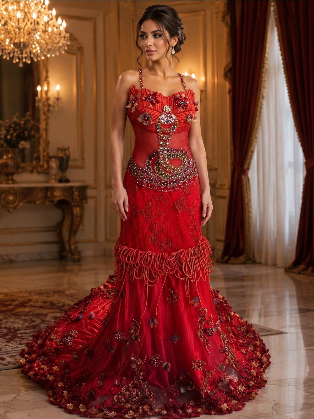 Red Beaded Embellished Prom Dress - Designer Evening Gown